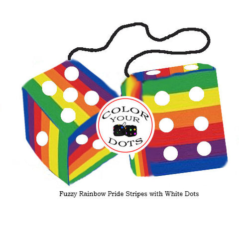 3 Inch Pride Rainbow Fuzzy Dice with White Dots