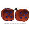 4 Inch Brown Fuzzy Dice with ROYAL NAVY BLUE GLITTER DOTS