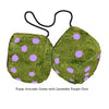 3 Inch Avocado Green Fuzzy Dice with Lavender Purple Dots
