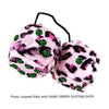3 Inch Pink Leopard Fluffy Dice with DARK GREEN GLITTER DOTS