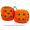 3 Inch Orange Fuzzy Dice with DARK GREEN GLITTER DOTS