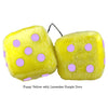 4 Inch Yellow Fuzzy Dice with Lavender Purple Dots